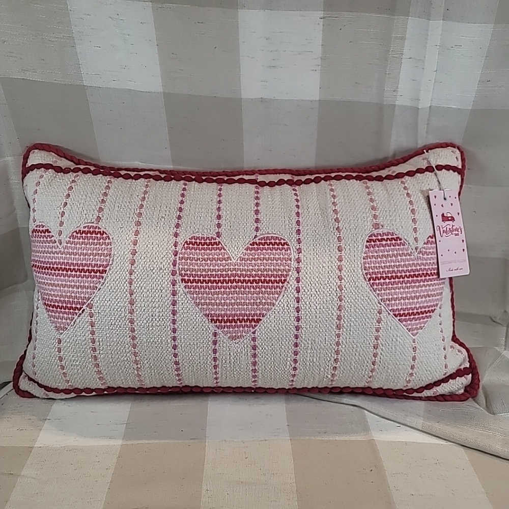Coveted Home Large Rectangle Valentines 3 Hearts Love Pink / Red Pillow NEW